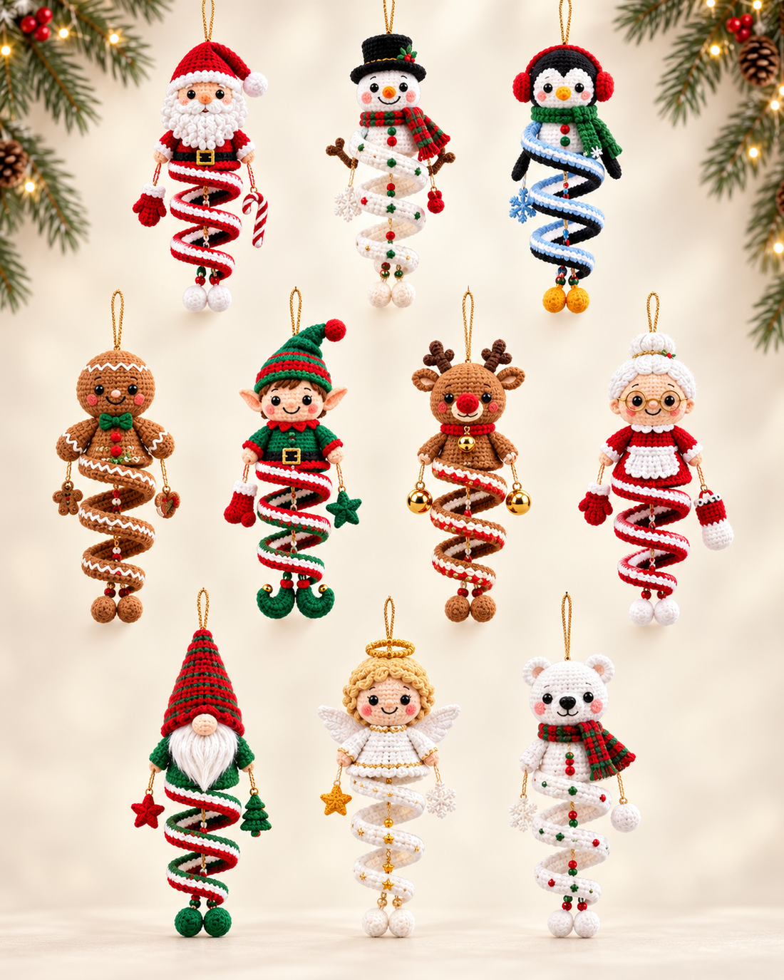 Design preview of ten Christmas crochet spiral ornaments in red, green, ivory and brown.