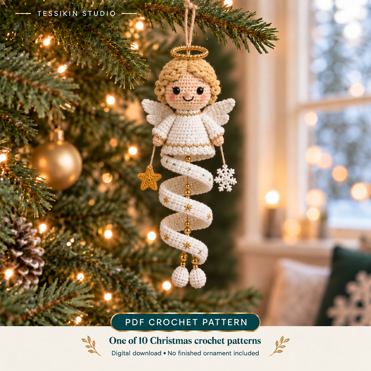 Angel crochet spiral ornament design with a gold halo, white wings, ivory spiral and gold star charm.