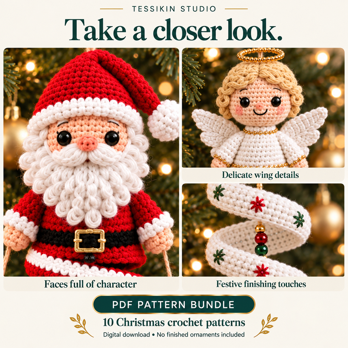 Close-up design previews showing Santa's face and beard, an angel's wings and festive details on a white spiral.