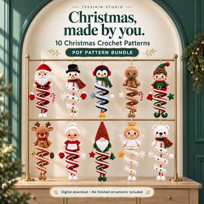 Tessikin Studio Christmas crochet pattern bundle display with ten spiral ornament designs and a digital-download label.