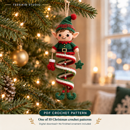 Christmas elf crochet spiral ornament design with pointed ears, a green hat and red-and-green spiral.