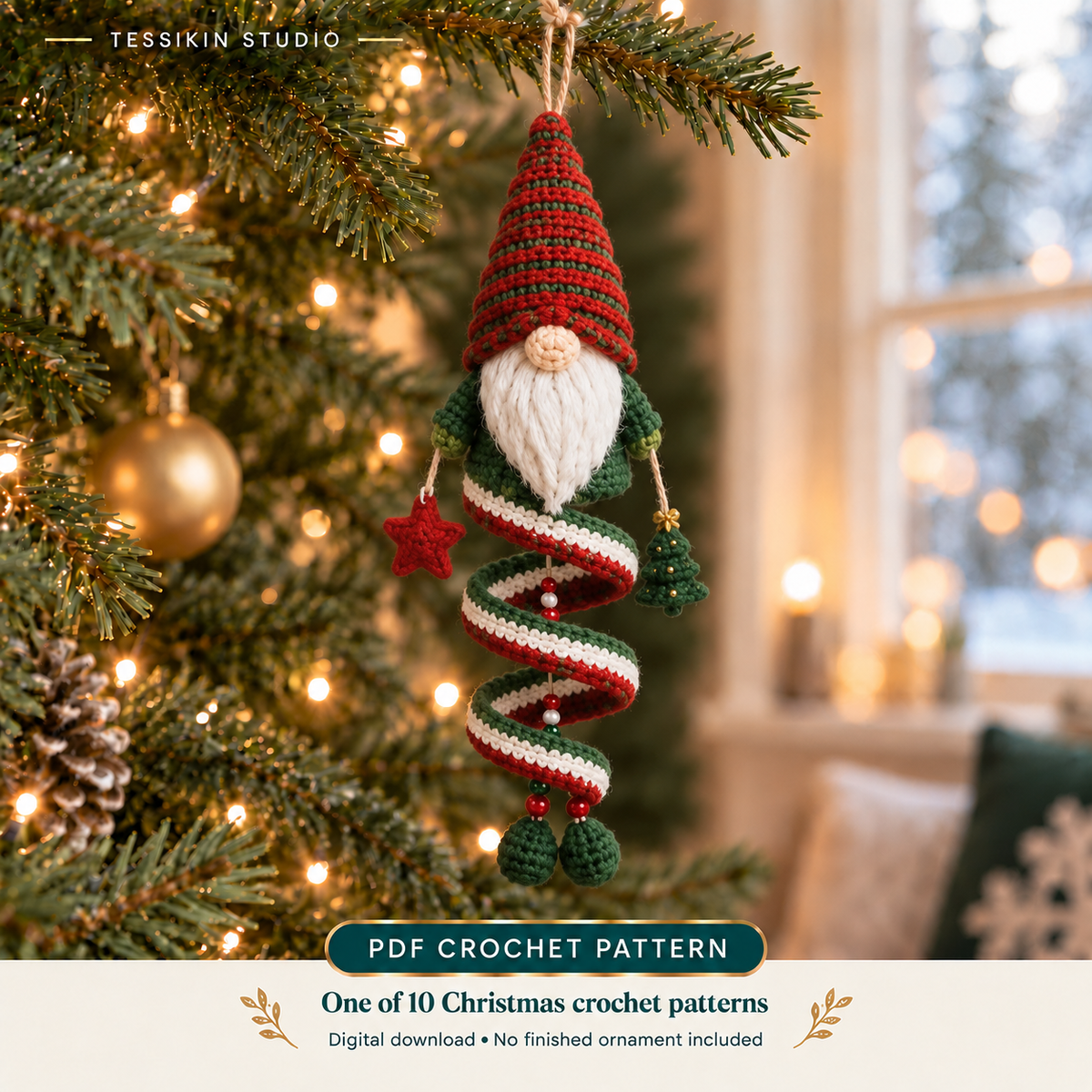 Christmas gnome crochet spiral ornament design with a tall red hat, white beard and festive red-and-green spiral.