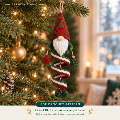 Christmas gnome crochet spiral ornament design with a tall red hat, white beard and festive red-and-green spiral.