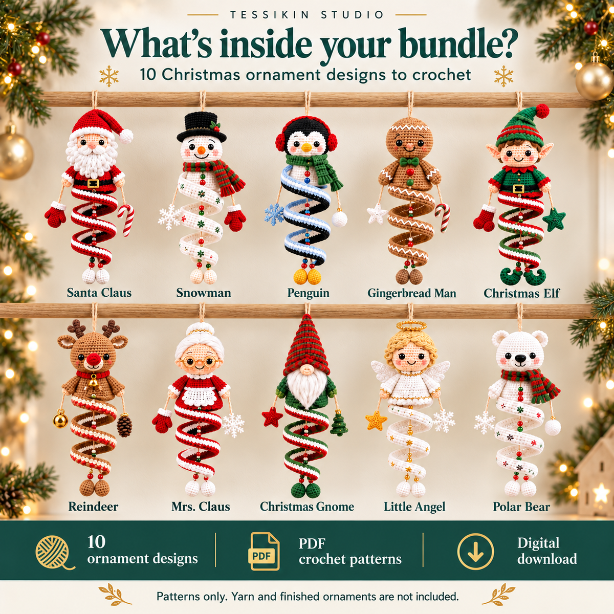 Bundle contents chart identifying all ten Christmas spiral ornament character designs included in the PDF pattern collection.