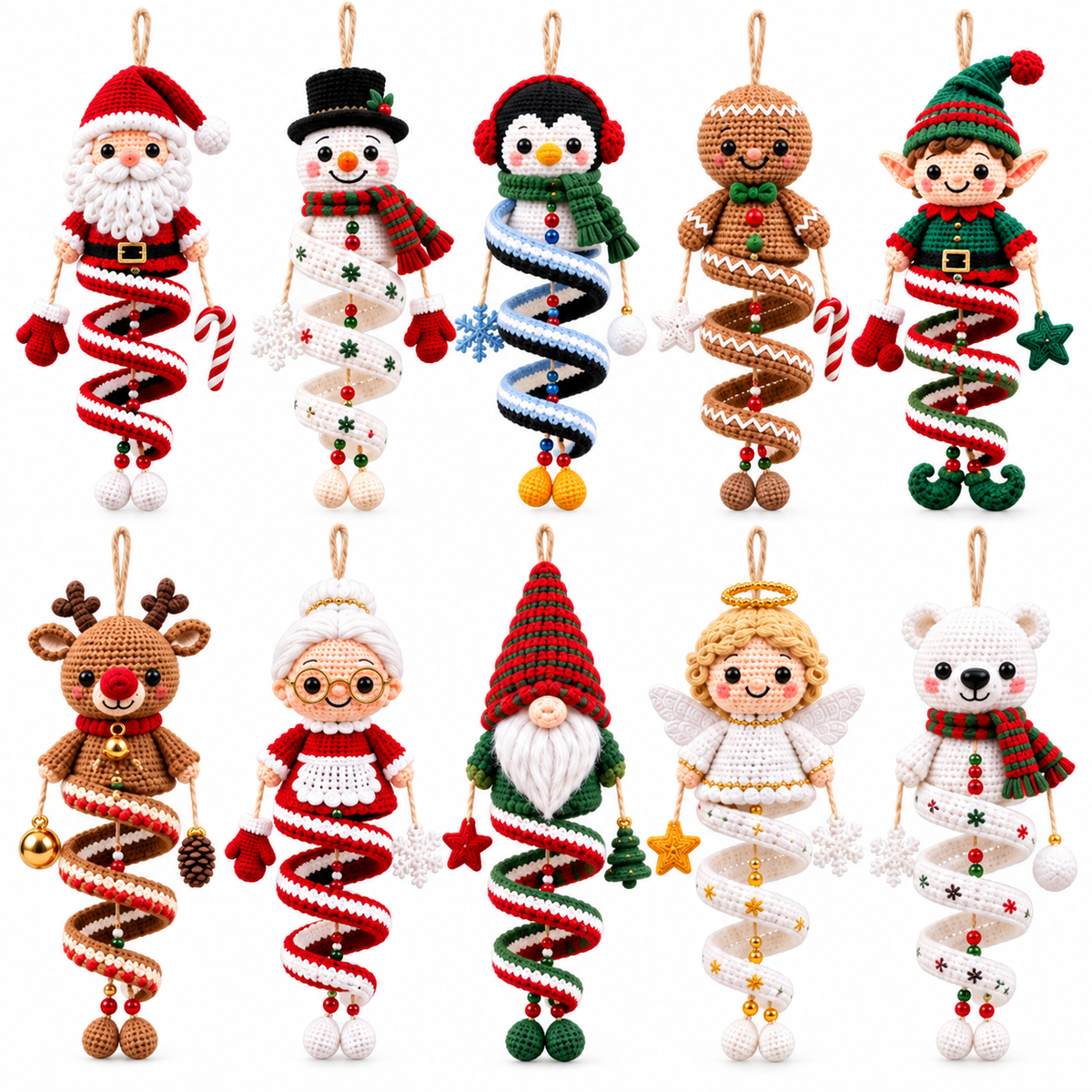 Design preview of ten Christmas crochet spiral ornaments, including Santa, a snowman, a penguin and a reindeer.