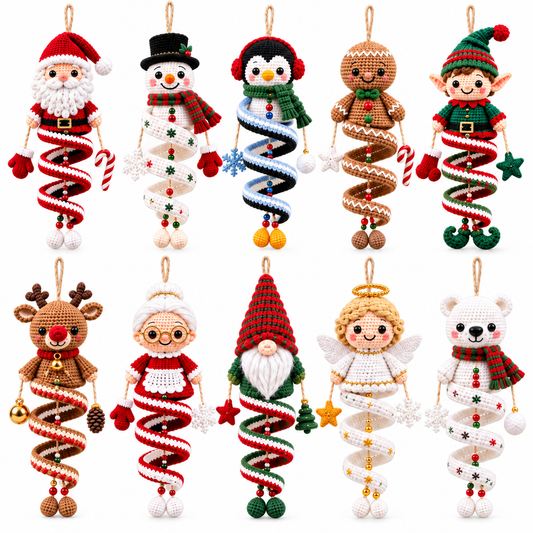 Design preview of ten Christmas crochet spiral ornaments, including Santa, a snowman, a penguin and a reindeer.