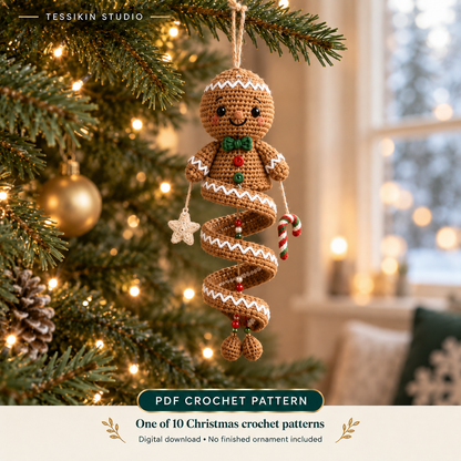 Gingerbread man crochet spiral ornament design with a green bow tie, brown spiral and white icing details.