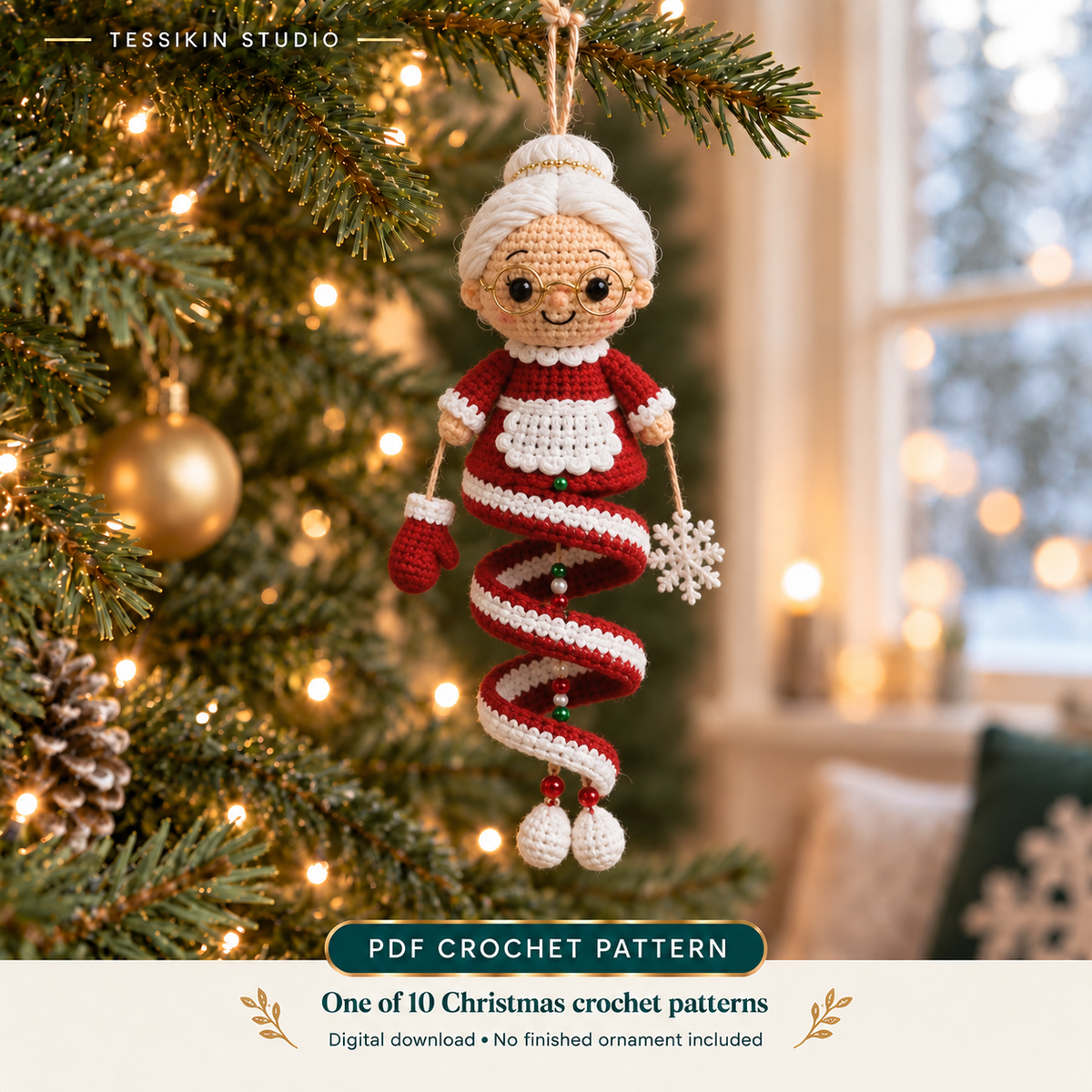 Mrs. Claus crochet spiral ornament design with white hair, round glasses, a red dress and white apron.