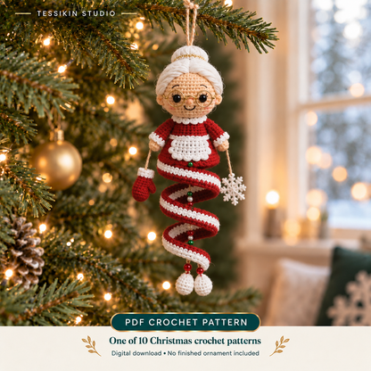 Mrs. Claus crochet spiral ornament design with white hair, round glasses, a red dress and white apron.