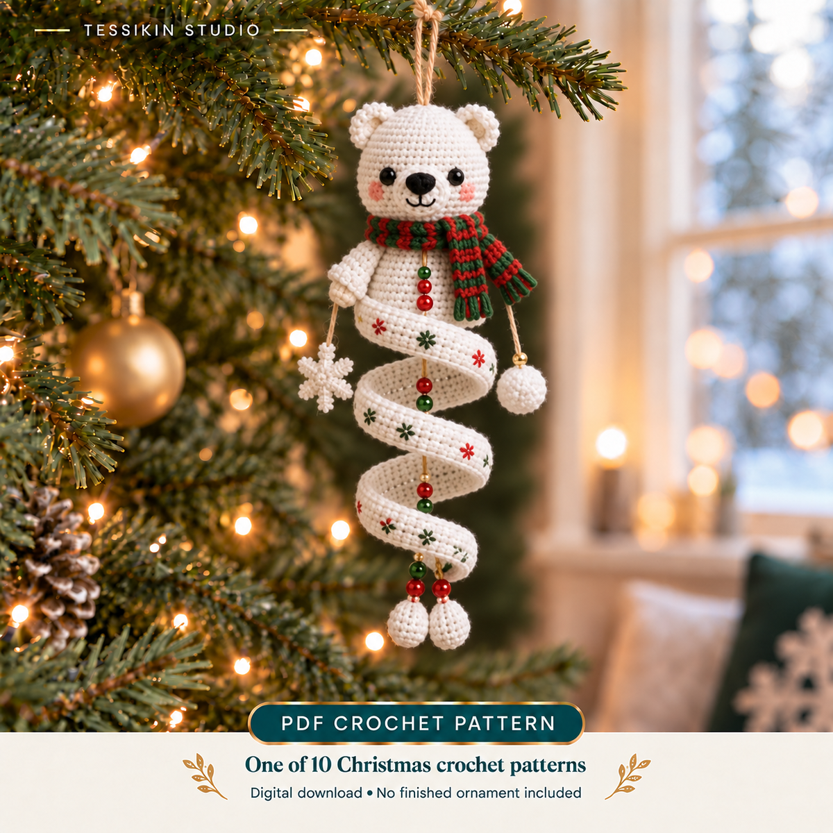 Polar bear crochet spiral ornament design with a red-and-green scarf and white spiral on a Christmas tree.