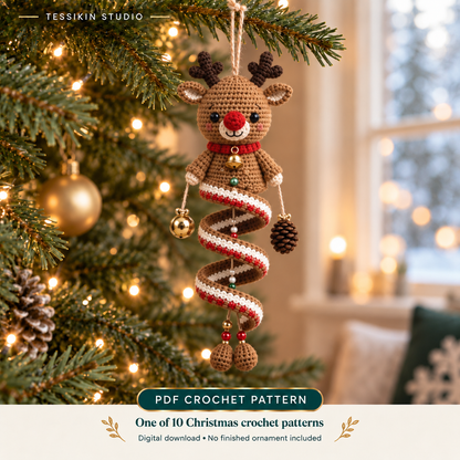 Reindeer crochet spiral ornament design with antlers, a red nose, small bells and a brown-and-cream spiral.