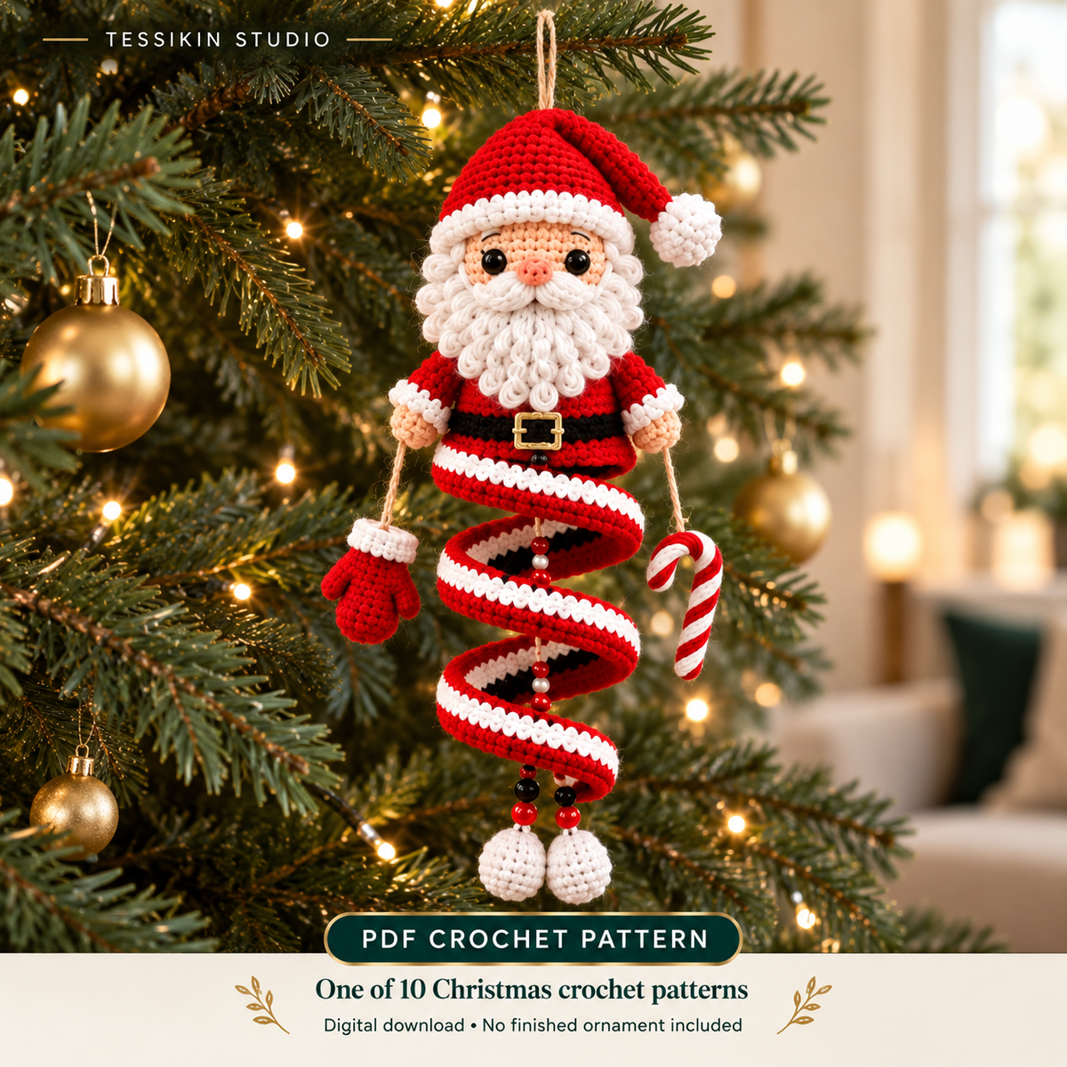 Santa crochet spiral ornament design with a red hat, white beard and red-and-white spiral hanging on a Christmas tree.