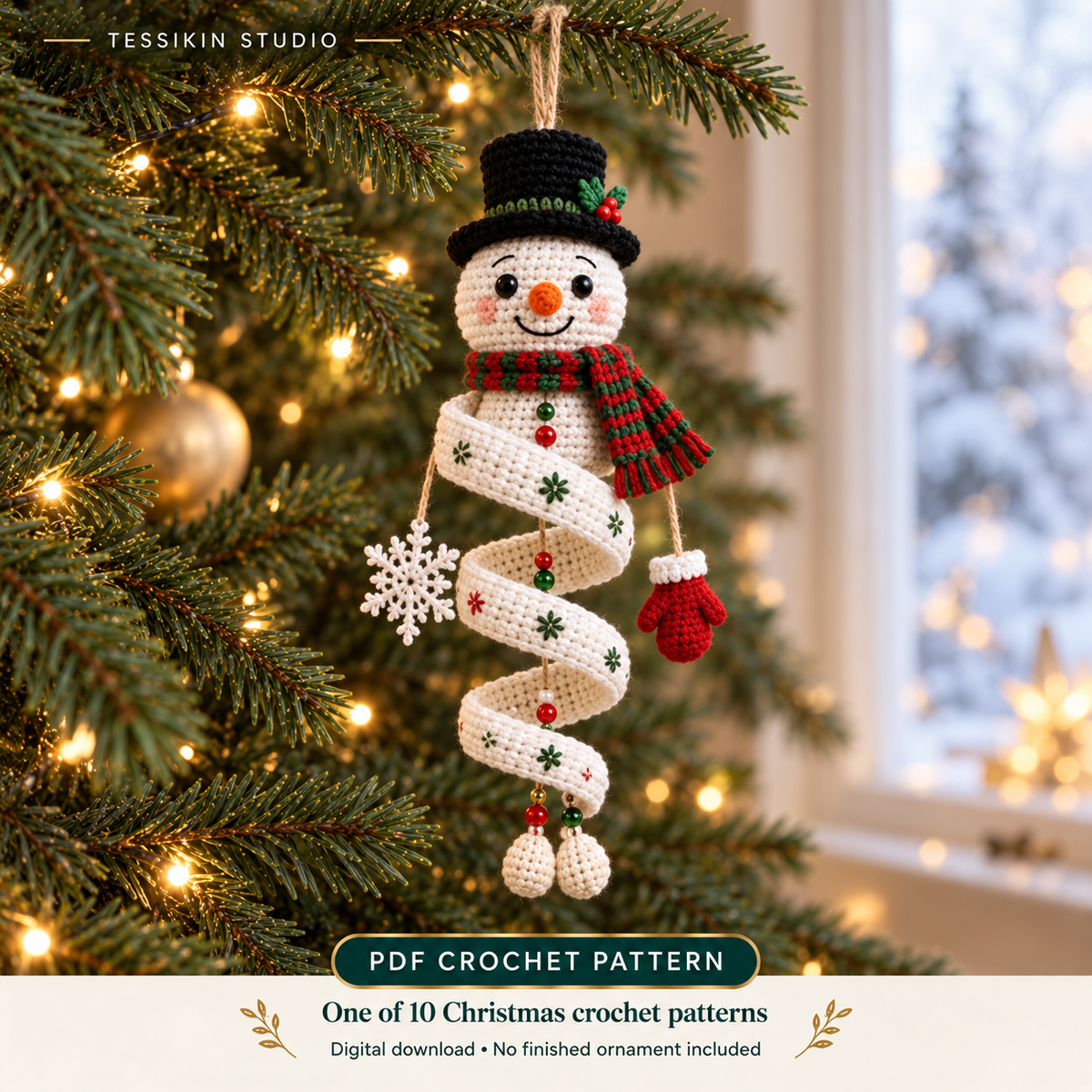 Snowman crochet spiral ornament design with a black top hat, red-and-green scarf and white spiral on a Christmas tree.